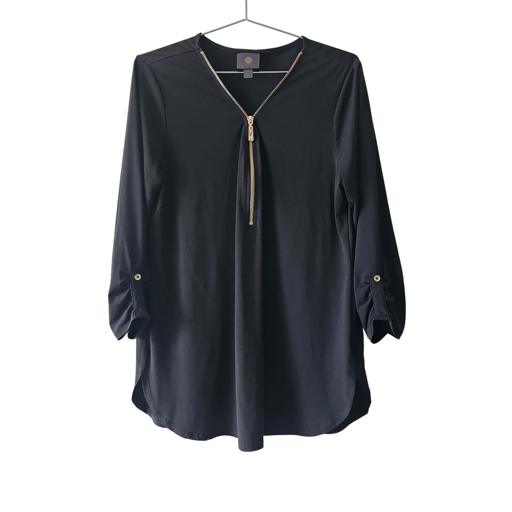 JM Collection Blouse Womens Medium Black Zip Neck Roll Tab Professional